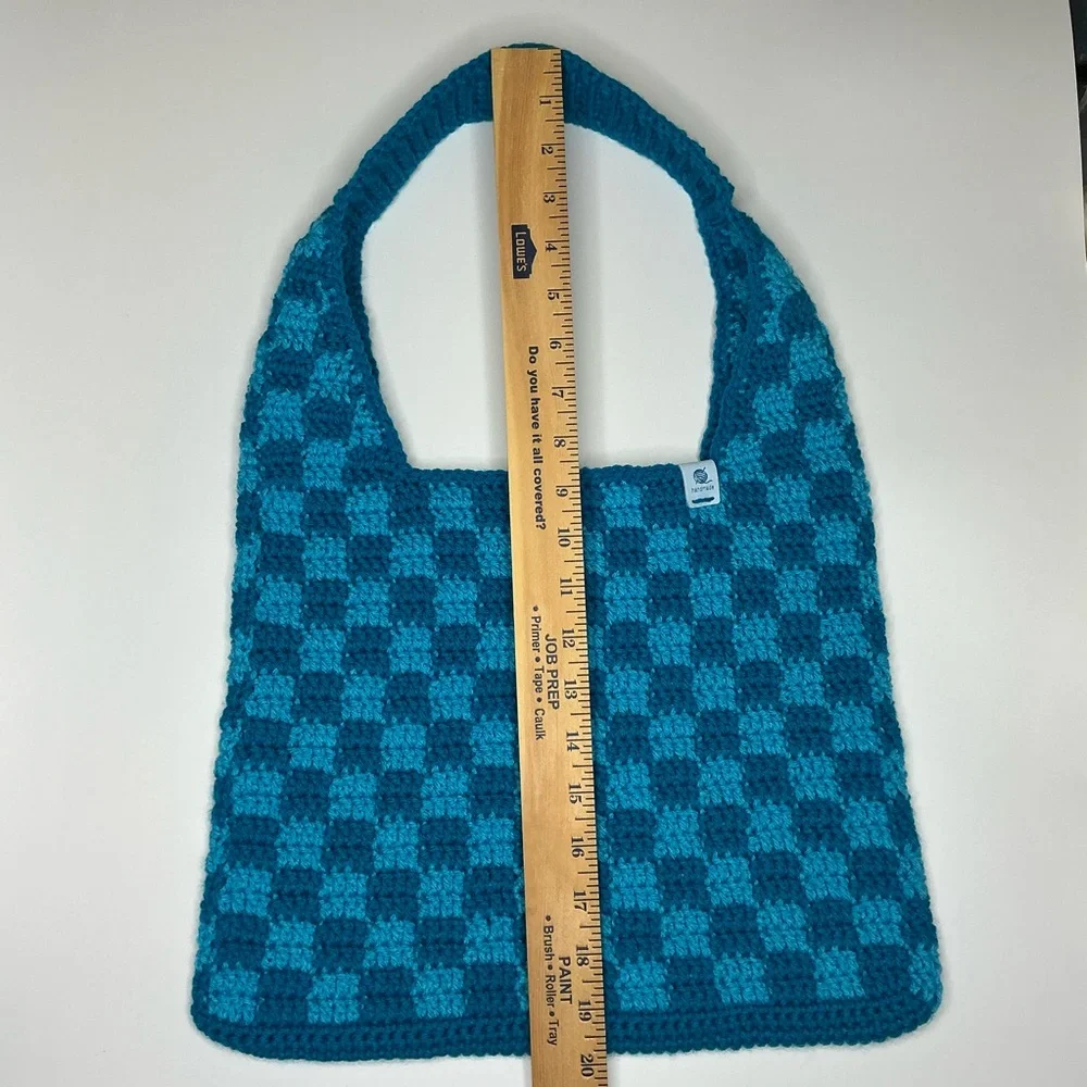 Handmade Sapphire & Cyan Blue Checker Checkerboard Crochet‎ Shoulder Tote Bag